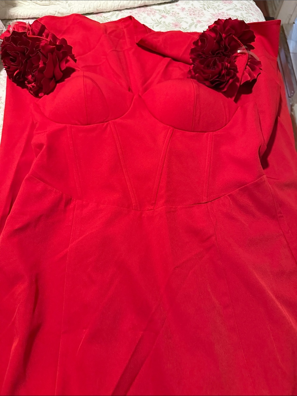 Fashion Nova Red Floral-Appliqué Bustier Chemise